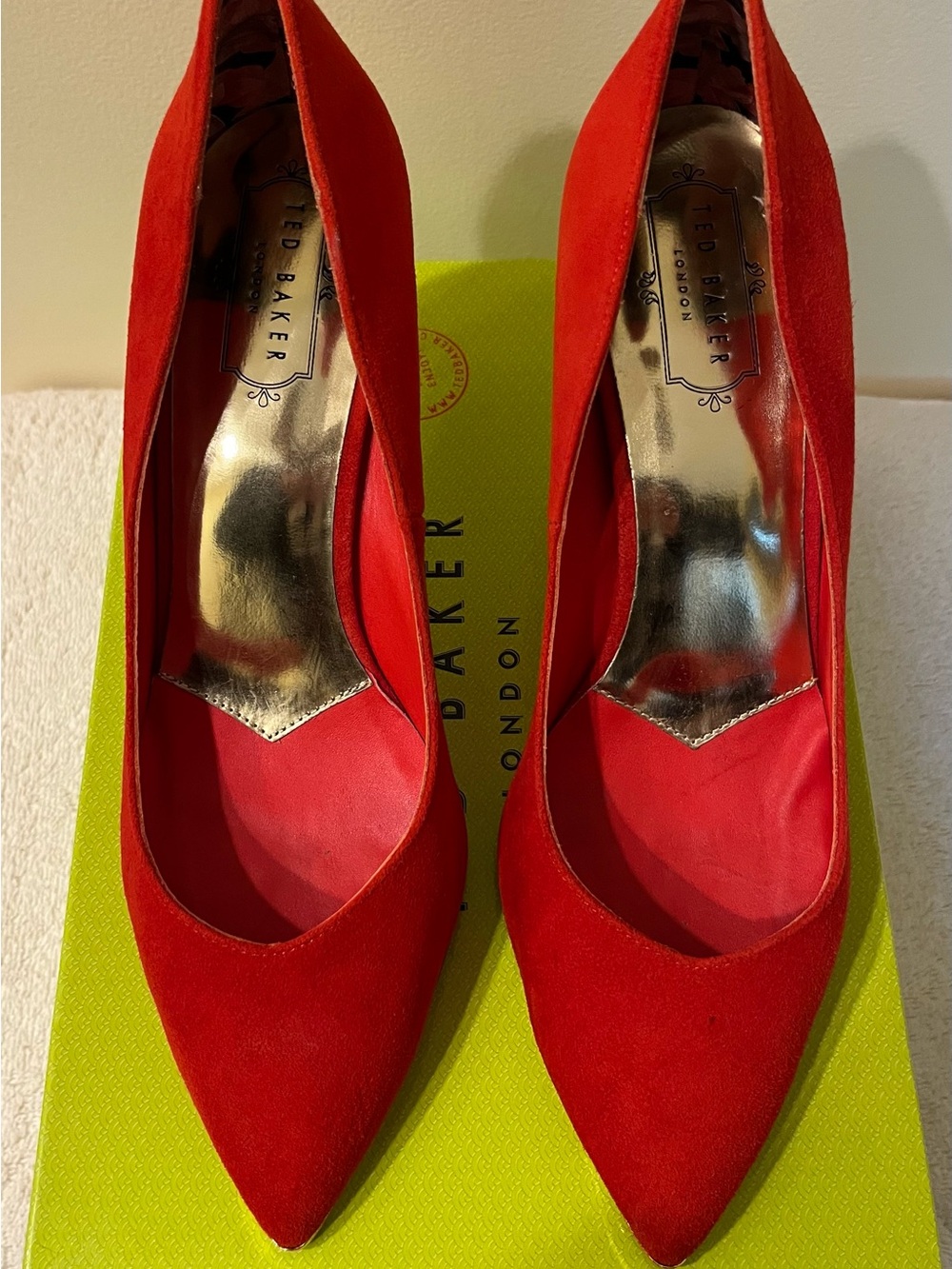 Ted Baker Red Suede Pointed Pumps with Gold Metallic Trim